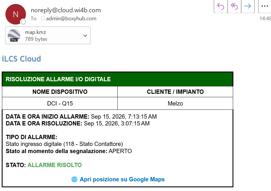 iLCS Cloud email reporting the resolution of a digital input alarm