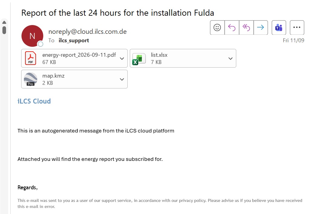 Email automatica iLCS Cloud con allegati PDF, Excel e mappa